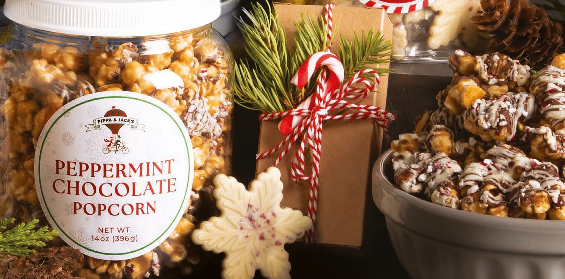 Premium Torn Ranch peppermint chocolate popcorn and Chocolate peppermint snowflakes presented as gourmet corporate gifts for 2025.