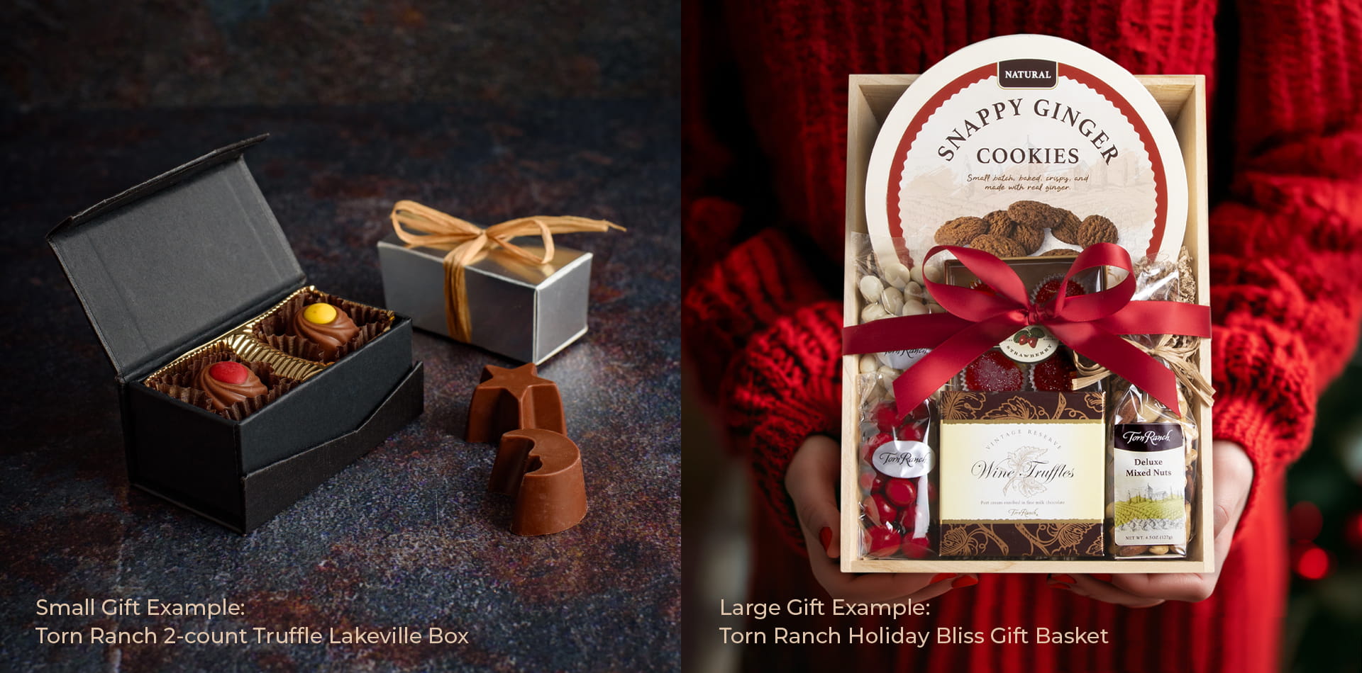 Torn Ranch 2-count Lakeville Box with truffles next to a luxury Holiday Bliss gift basket, symbolizing everyday recognition vs milestone celebration.
