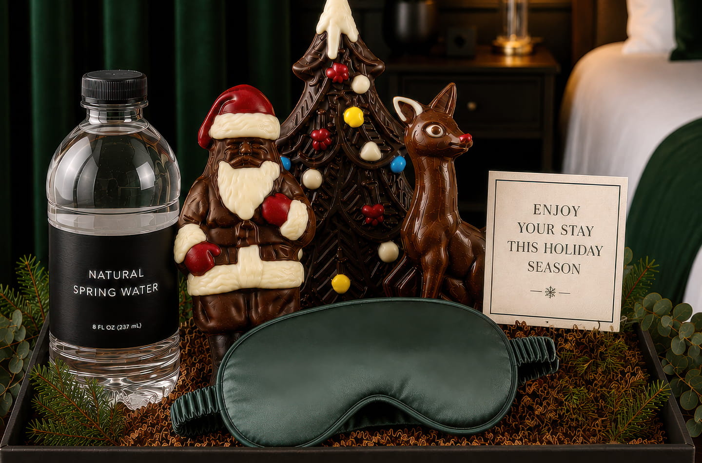 Gourmet holiday hotel amenities in elegant seasonal formats for guestrooms, VIPs and corporate gifting.